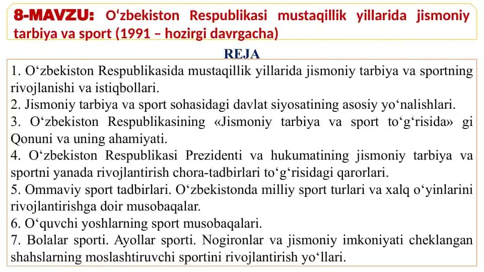Jismoniy Tarbiya va Sportning Mustaqillik Yillarida Rivojlanishi
