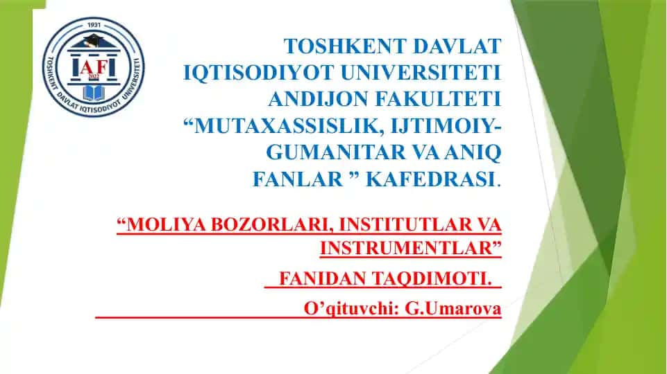 Moliya bozorlari, institutlar va instrumentlar (taqdimot)