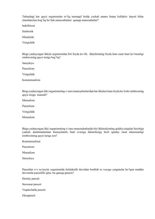 Organizmning O‘zaro Munosabatlari