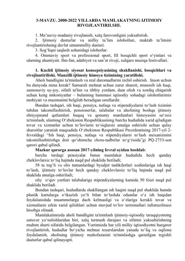Mamlakatning ijtimoiy rivojlanish jarayoni (2000-2022 yillar)