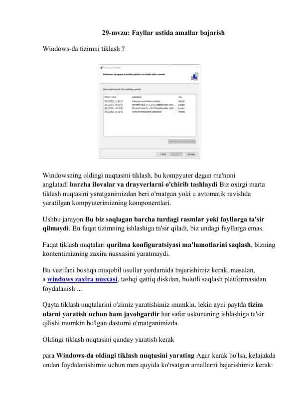 Fayllar ustida amallar bajarish Windows-da tizimni tiklash