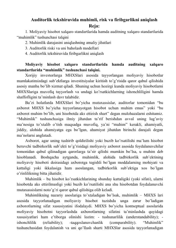 Auditorlik tekshiruvida muhimlik, risk va firibgarlikni aniqlash