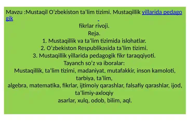Mustaqil O'zbekiston ta'lim tizimi