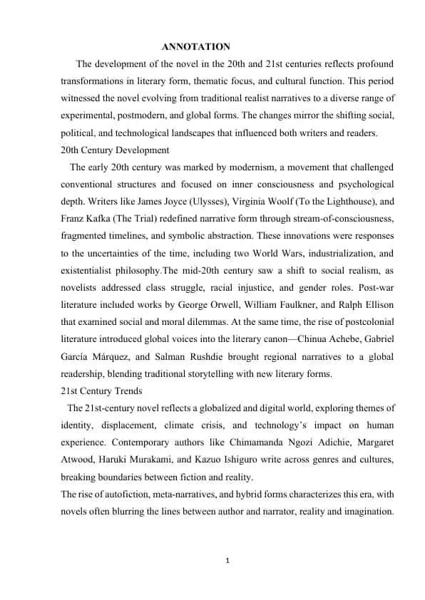 Development of the Novel in the 20th and 21st Centuries