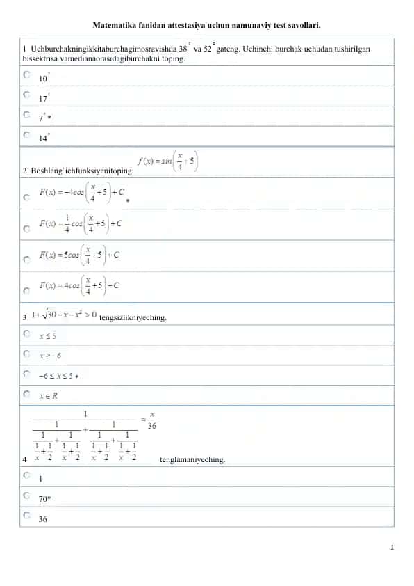 Matematika fanidan attestasiya uchun namunaviy test savollari