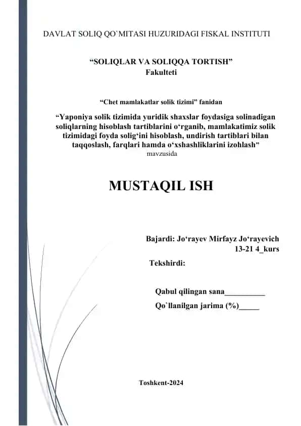 DAVLAT SOLIQ QO‘MITASI HUZURIDAGI FISKAL INSTITUTI “SOLIQLAR VA SOLIQQA TORTISH” Fakulteti