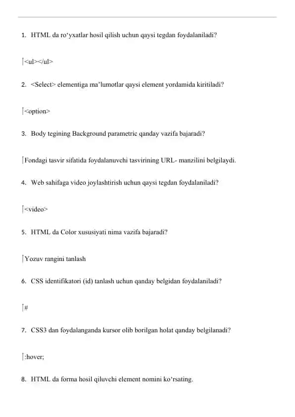HTML da Ro'yxatlar va Forma Hosil Qilish