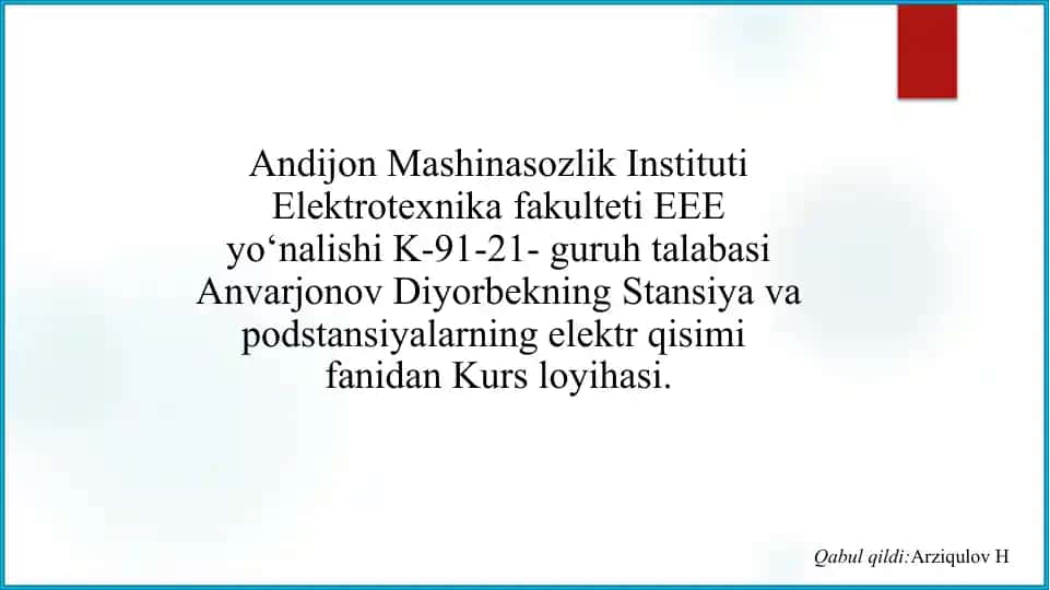 110kV podstansiyalarni elektr sxemasini loyihalash