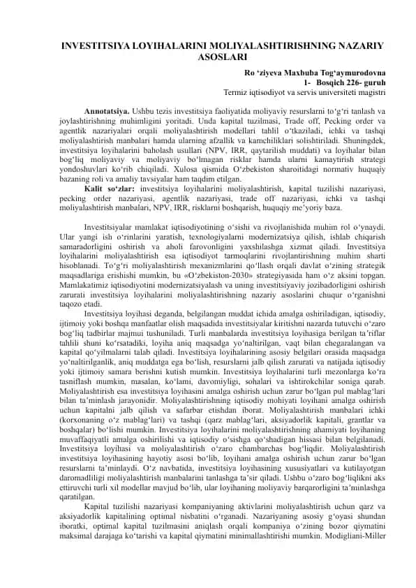 Investitsiya loyihalarini moliyalashtirishning nazariy asoslari