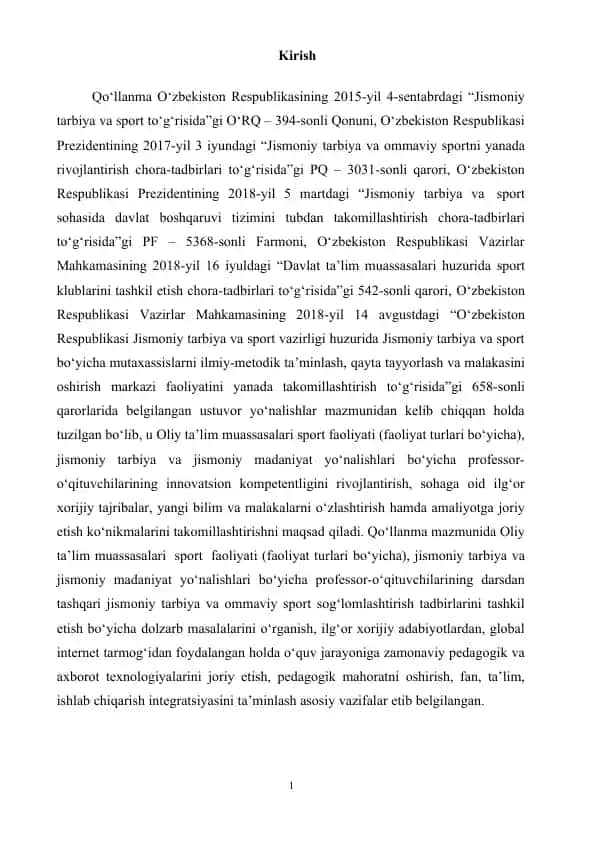 O‘zbekiston Respublikasining Sport sohasidagi rivojlanish chora-tadbirlari
