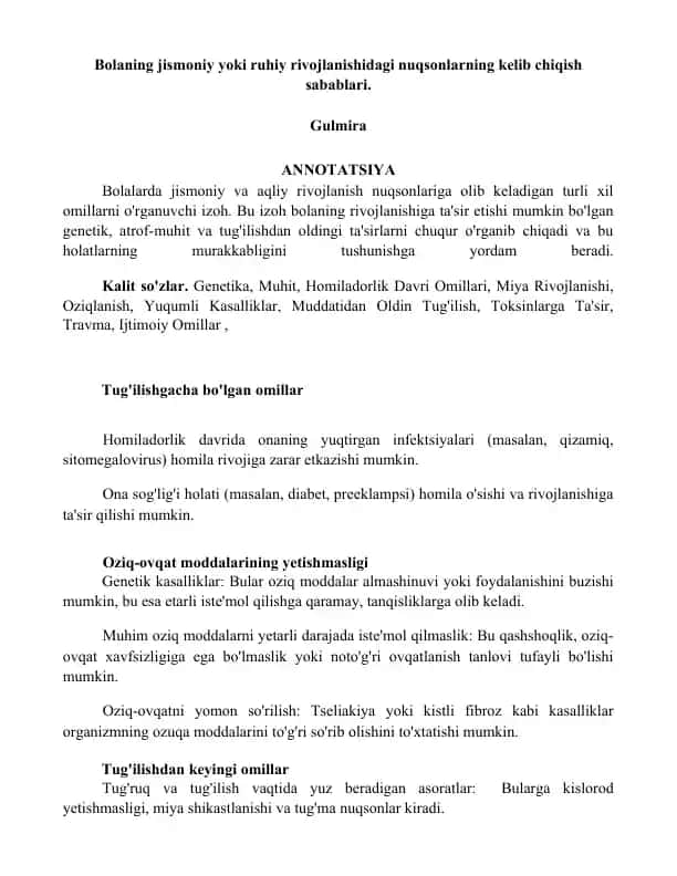 Bolaning jismoniy yoki ruhiy rivojlanishidagi nuqsonlarning kelib chiqish sabablari