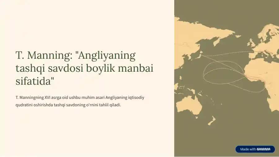 T. Manning: "Angliyaning tashqi savdosi boylik manbai sifatida"