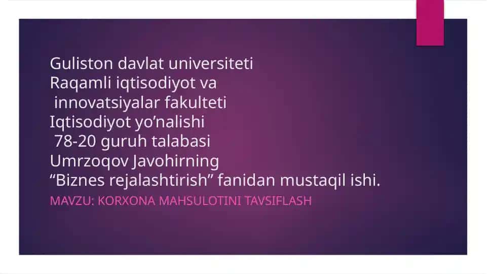 “Biznes rejalashtirish” fanidan mustaqil ish