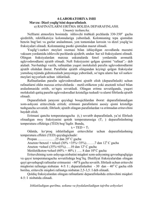 Laboratoriya ishi - Dizel yoqilg‘isini deparafinlash