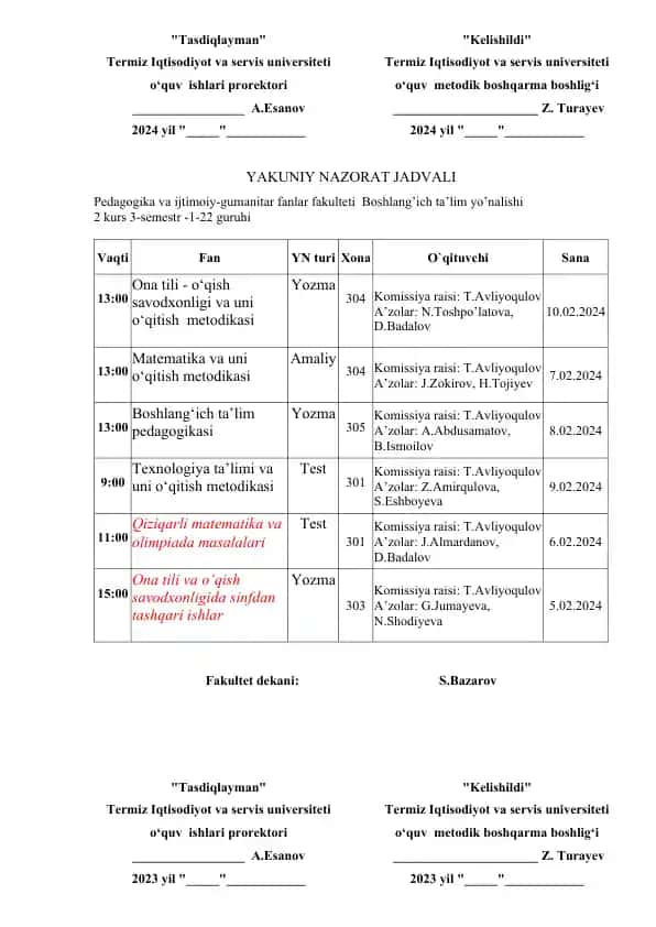 Yakuniy nazorat jadvali – Pedagogika va ijtimoiy-gumanitar fanlar fakulteti, Boshlang’ich ta’lim yo’nalishi, 2-kurs 3-semestr (1-22, 2-22, 3-22 guruhi)