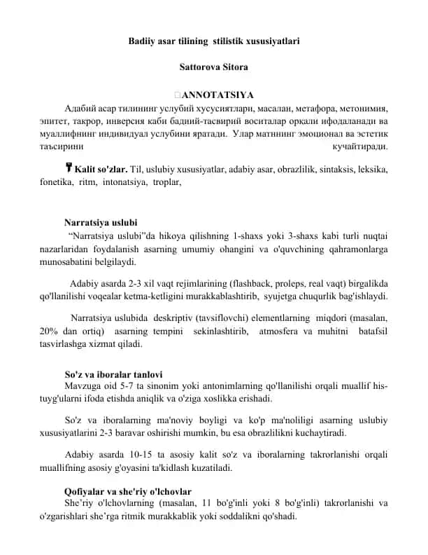 Badiiy asar tilining stilistik xususiyatlari