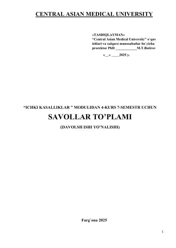 Ichki kasalliklar modulidan savollar to'plami