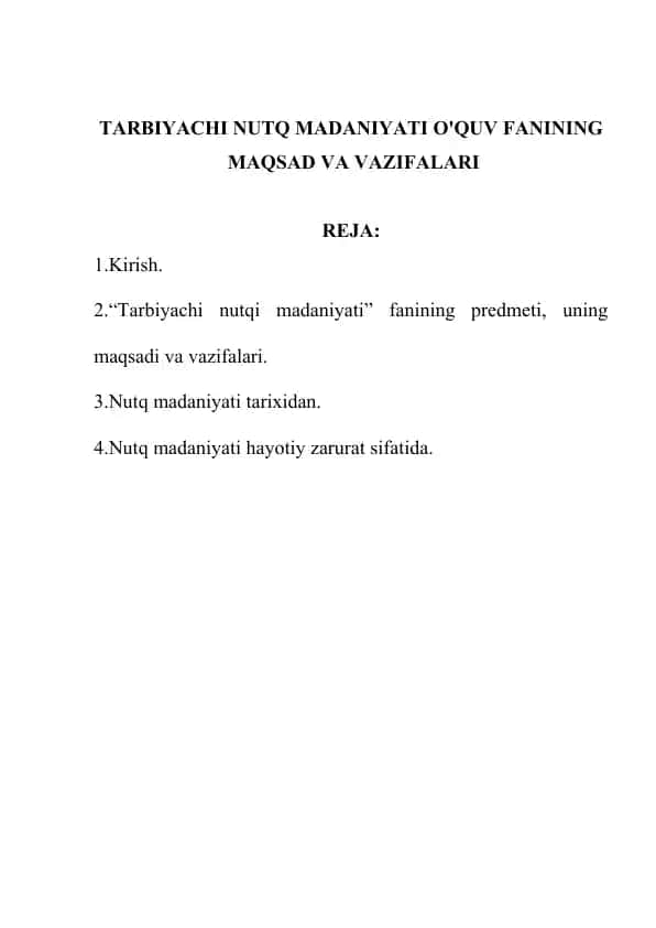 Tarbiyachi Nutqi Madaniyati O'quv Fanining