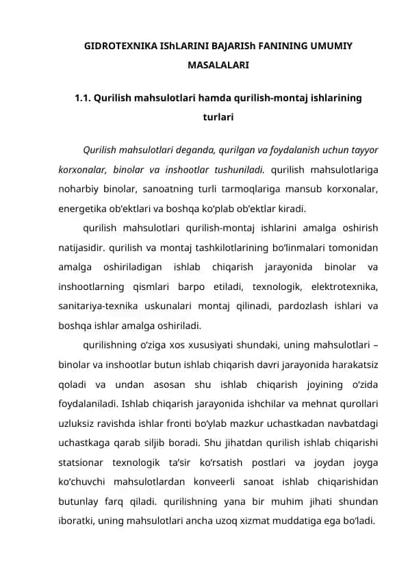 GIDROTEXNIKA IShLARINI BAJARISh FANINING UMUMIY MASALALARI