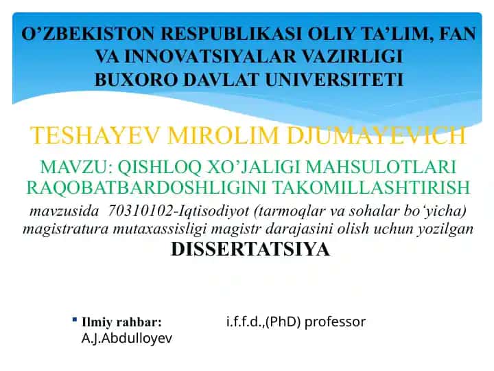 QISHLOQ XO’JALIGI MAHSULOTLARI RAQOBATBARDOSHLIGINI TAKOMILLASHTIRISH DISSERTATSIYA