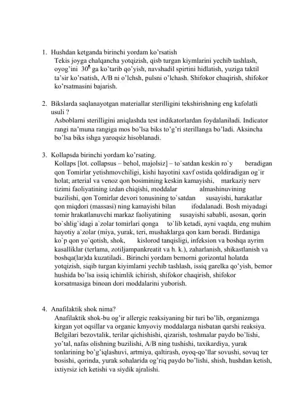 Tibbiyot bo‘yicha birinchi yordam ko‘rsatish qo‘llanmasi