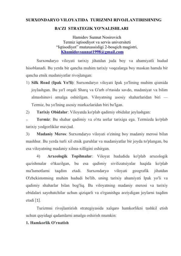 SURXONDARYO VILOYATIDA TURIZMNI RIVOJLANTIRISHNING BA’ZI STRATEGIK YO'NALISHLARI