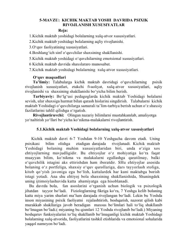 Kichik maktab yoshidagi bolalarning xulq-atvor xususiyatlari