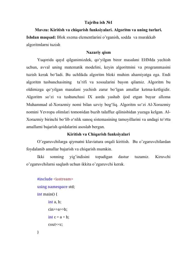 Kiritish va chiqarish funksiyalari.Algoritm tushunchasi