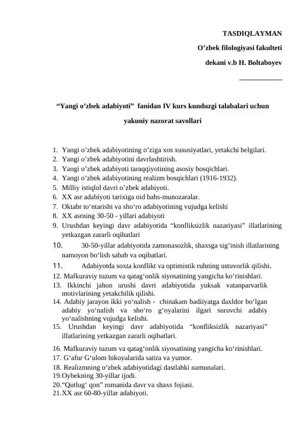 "Yangi o’zbek adabiyoti" fanidan IV kurs kunduzgi talabalari uchun yakuniy nazorat savollari