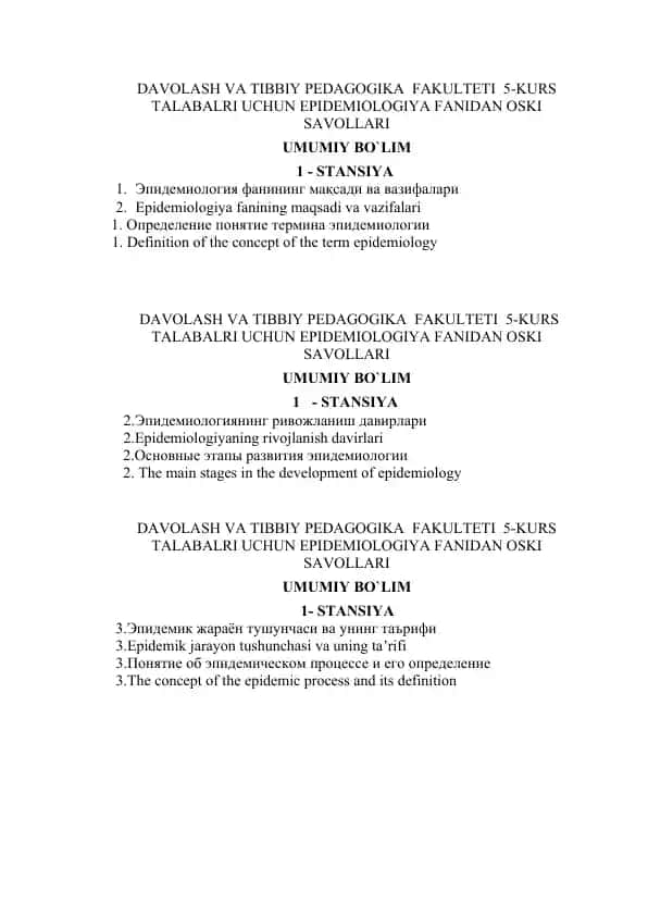 Epidemiologiya fanidan oski savollari