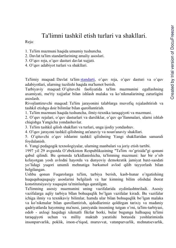 Ta'limni tashkil etish turlari va shakllari.