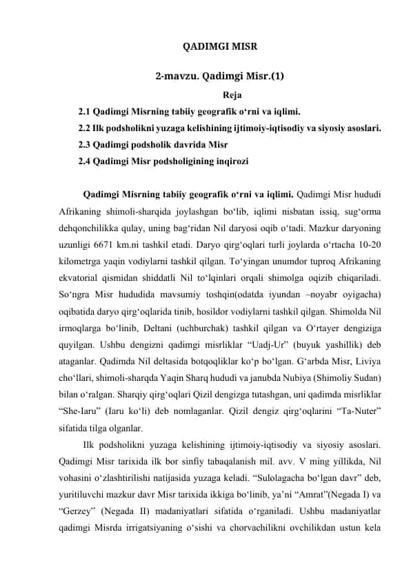 Qadimgi Misrning tabiiy geografik o‘rni va iqlimi