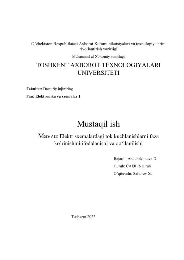 Elektr sxemalardagi tok kuchlanishlarni faza ko’rinishini ifodalanishi va qo‘llanilishi