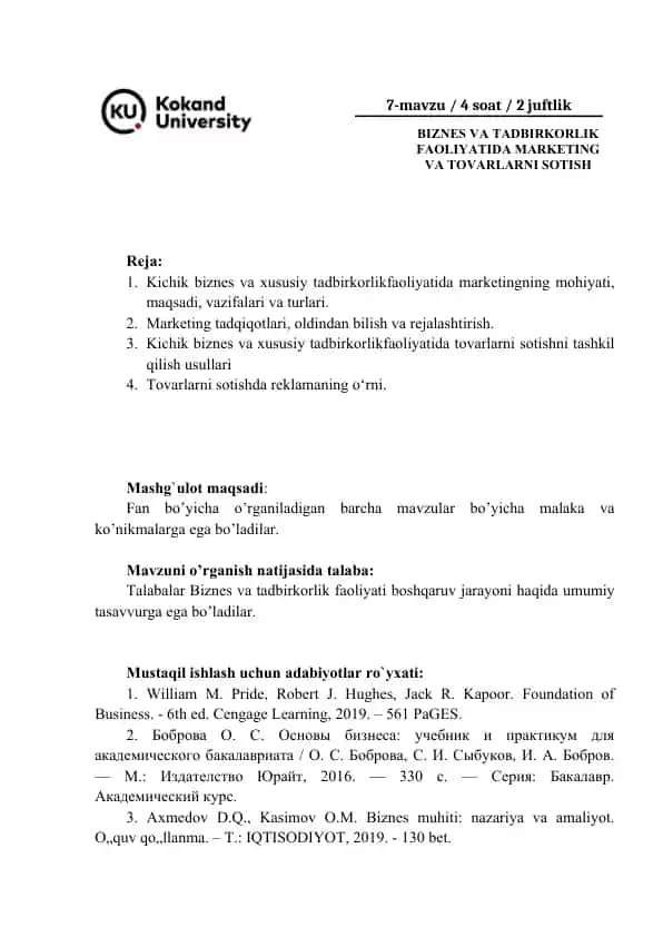 Biznes va tadbirkorlik faoliyatida marketing va tovarlarni sotish