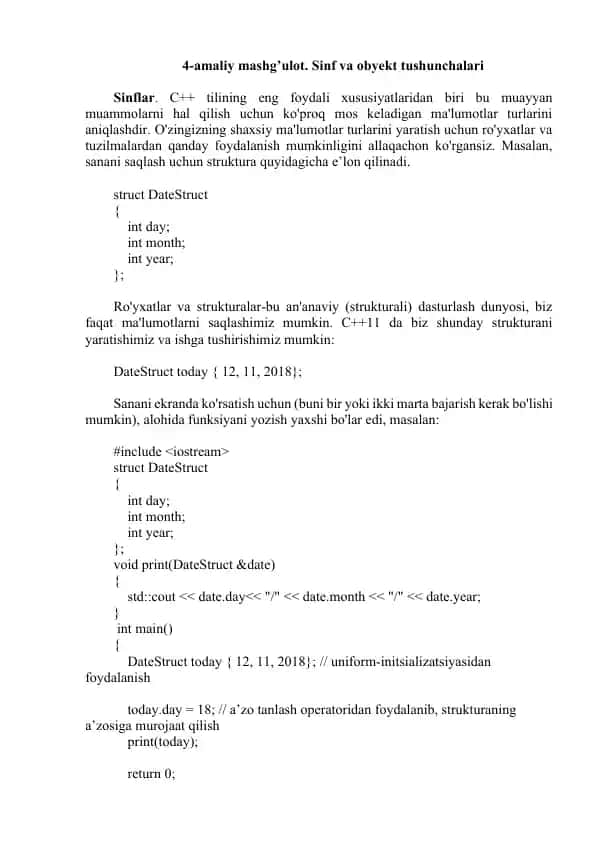 C++ Tilida Sanalar va Strukturalar