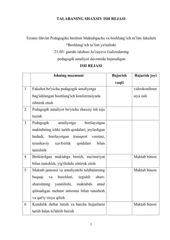 TALABANING SHAXSIY ISH REJASI