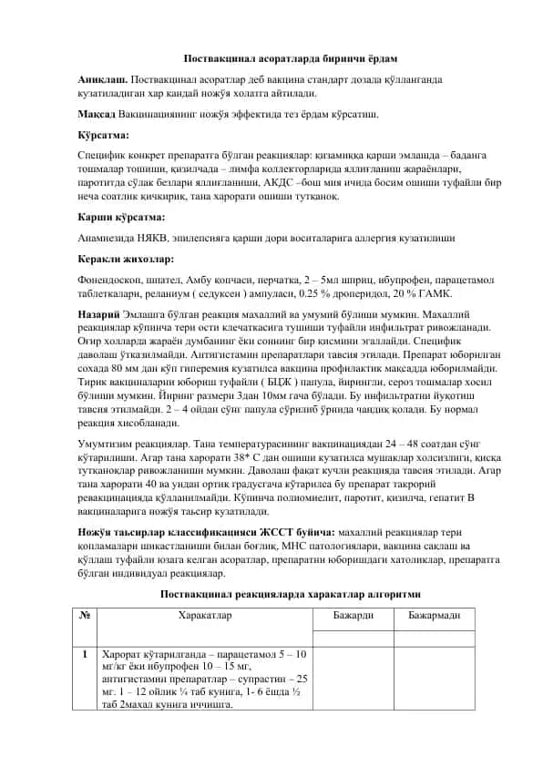 Поствакцинал асоратларда биринчи ёрдам