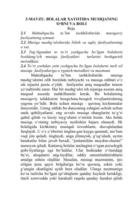 BOLALAR XAYOTIDA MUSIQANING O‘RNI VA ROLI