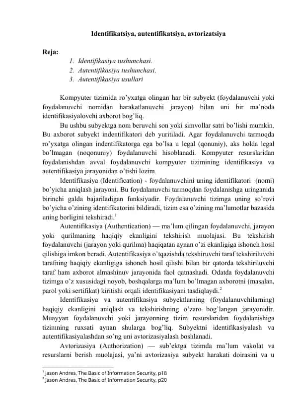 Identifikatsiya, autentifikatsiya, avtorizatsiya