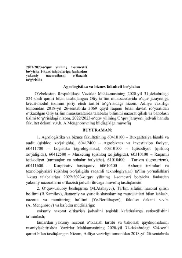 Fanlardan Yakuniy Nazoratlar Jadvali
