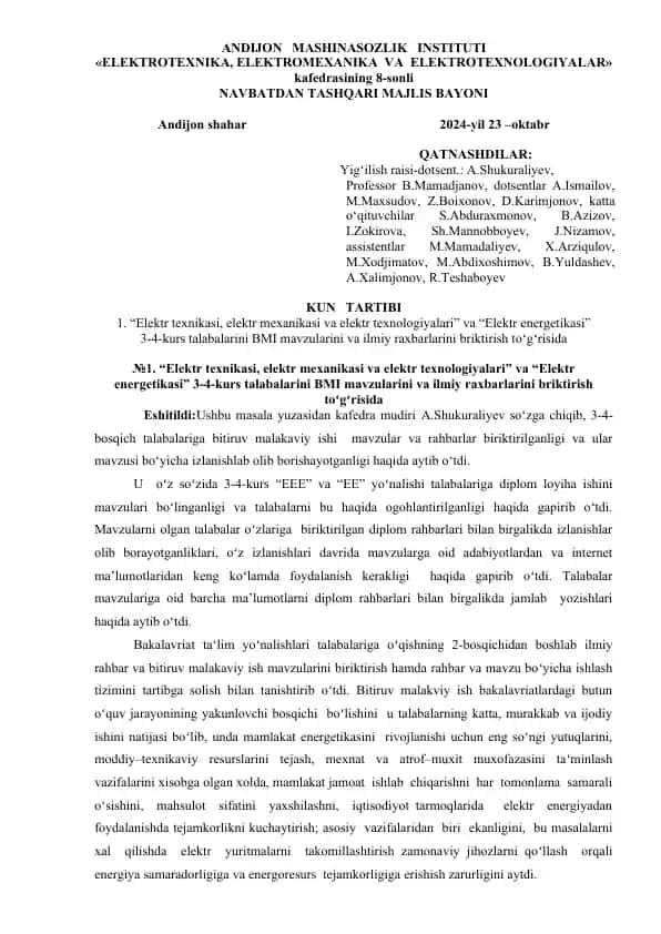 Elektrotexnika, elektromexanika va elektrotexnologiyalar kafedrasi bayoni