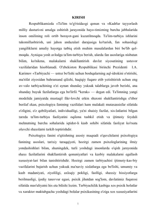 Psixologiya fanini o'qitish