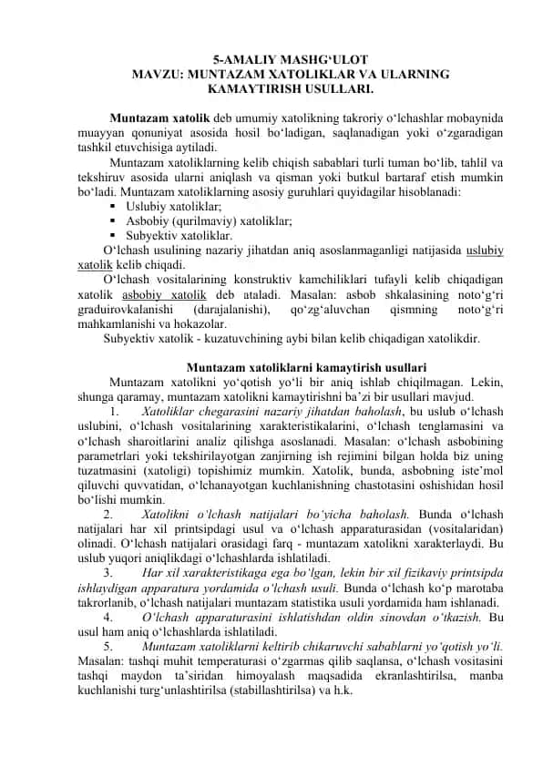 Muntazam Xatoliklar va Ularning Kamaytirish Usullari