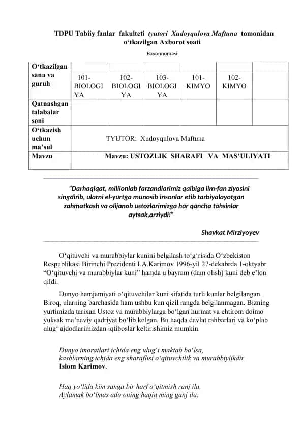USTOZLIK SHARAFI VA MAS'ULIYATI