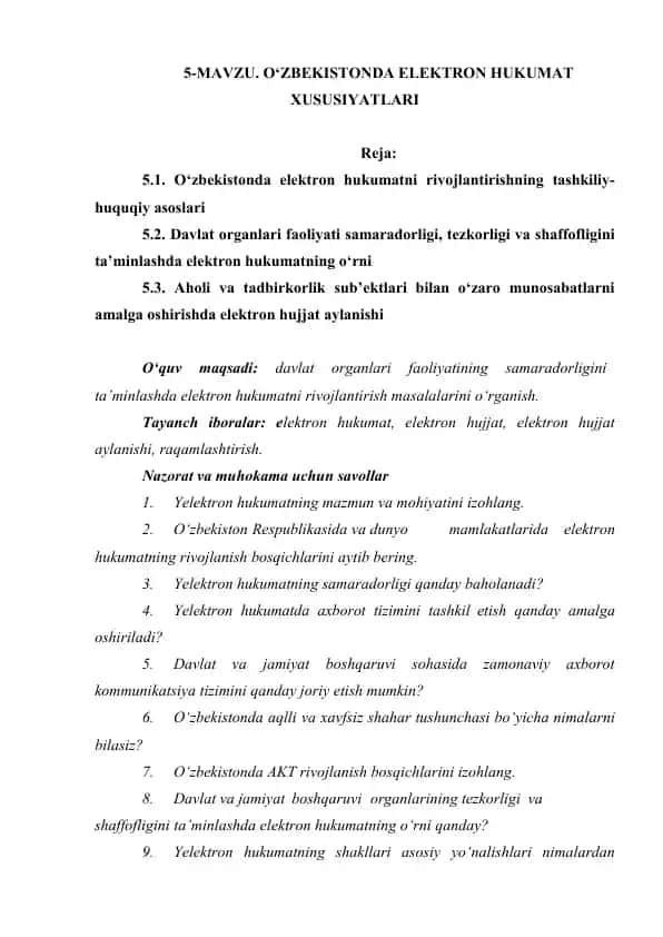 O‘zbekistonda Elektron Hukumat Xususiyatları