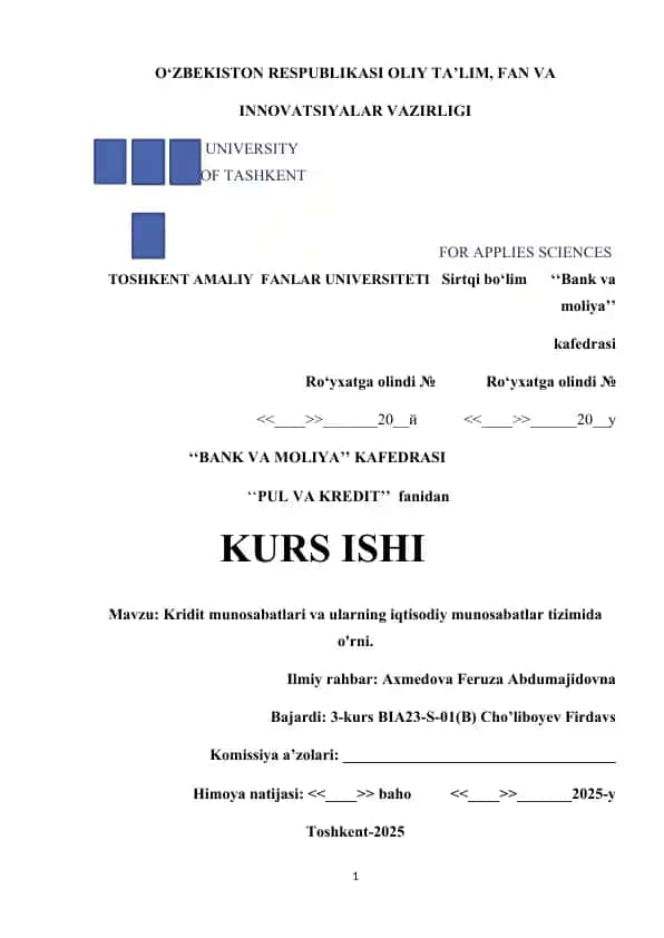 Kridit munosabatlari va ularning iqtisodiy munosabatlar tizimida o'rni.