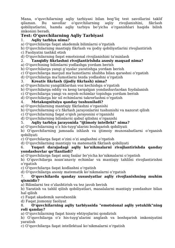 O‘quvchilarning Aqliy Tarbiyasi Test Savollari