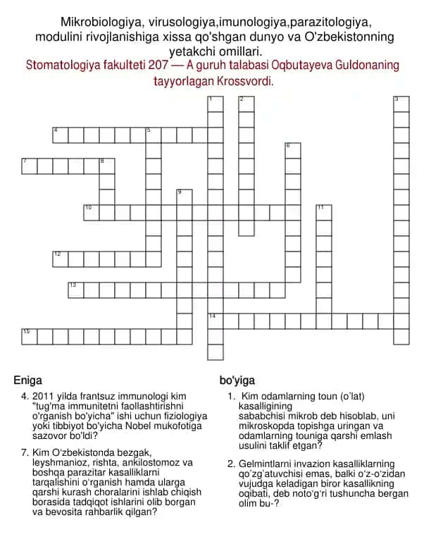 Mikrobiologiya, virusologiya, imunologiya, parazitologiya moduli krossvordi