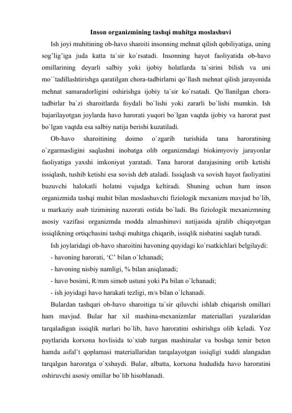 Inson organizmining tashqi muhitga moslashuvi