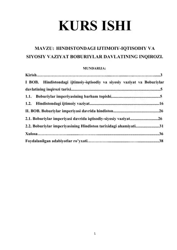 Kurs ishi: Hindistondagi ijtimoiy-iqtisodiy va siyosiy vaziyat hamda Boburiylar davlatining inqirozi